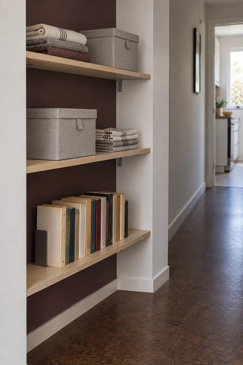 Shallow shelves holding books and boxes beside an open walkway