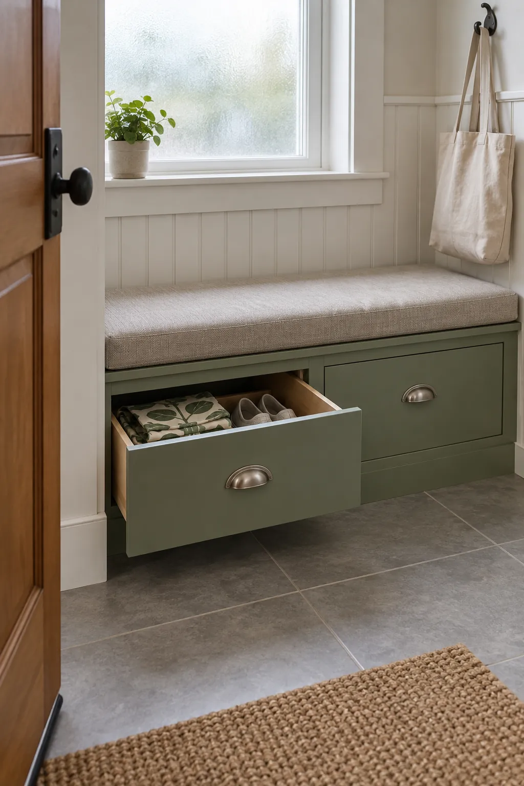 Storage bench with a drawer beneath a window near an entrance