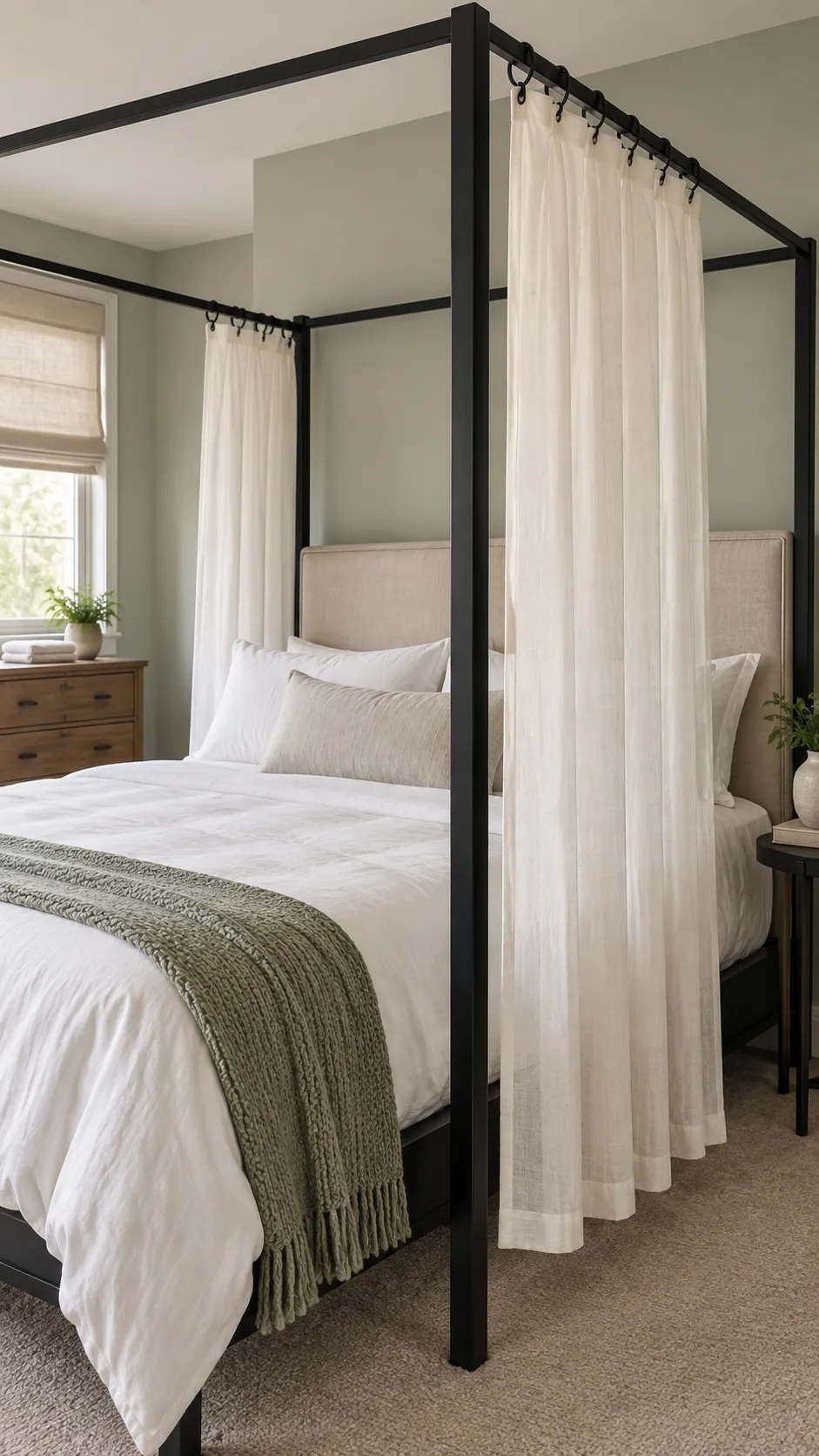 Light curtains hanging at the head corners of a black canopy bed