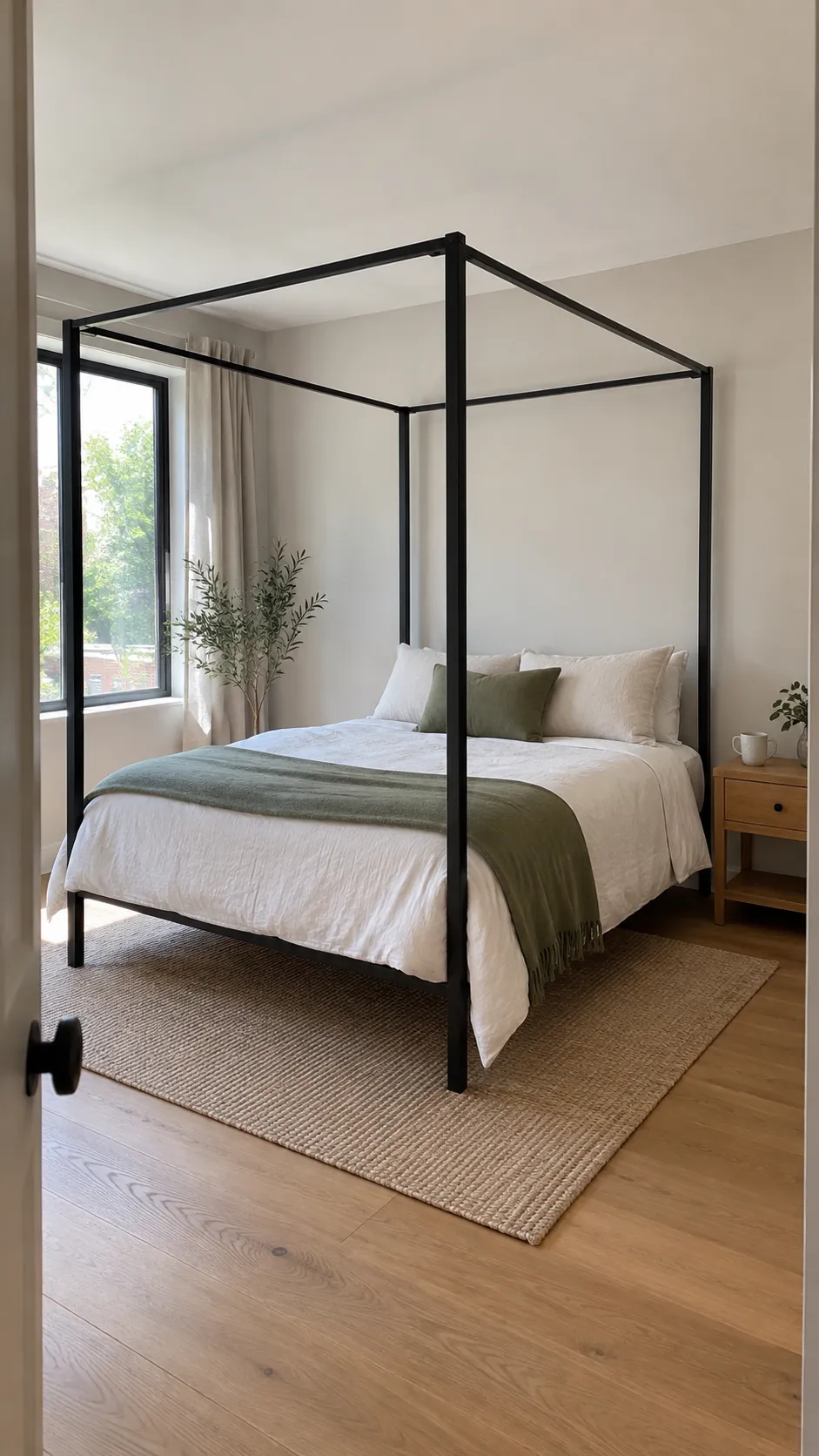 Black canopy bed with white linen and eucalyptus bedding in an airy bedroom