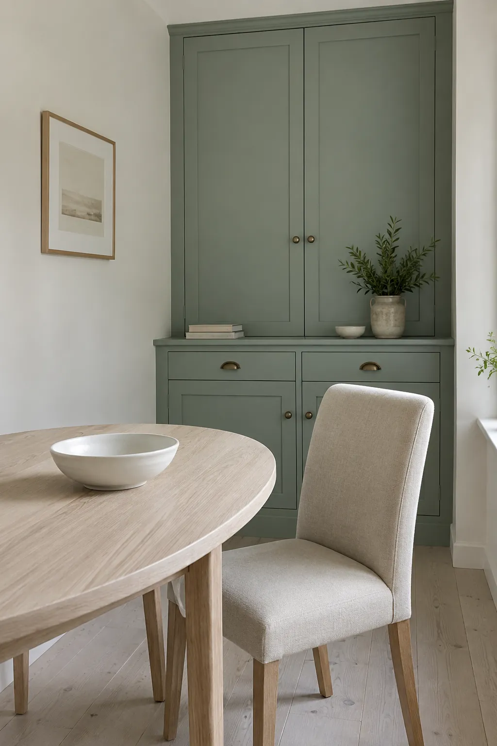 Jade green cupboard in a light dining alcove with pale wood furniture