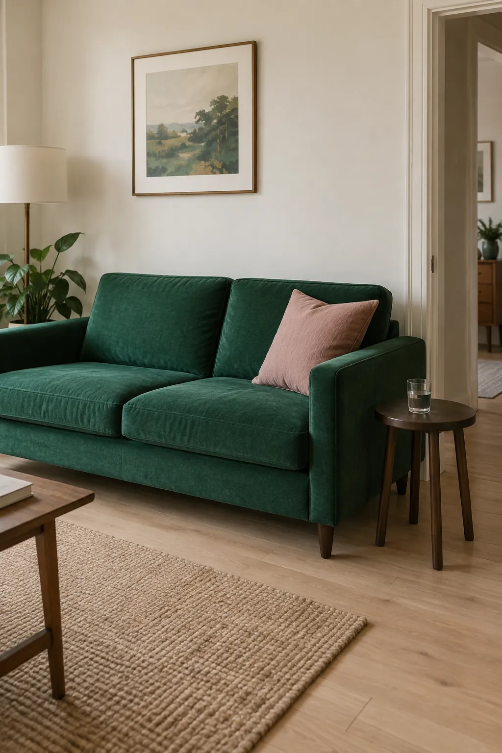 Emerald sofa with a dusty rose cushion against a warm white wall