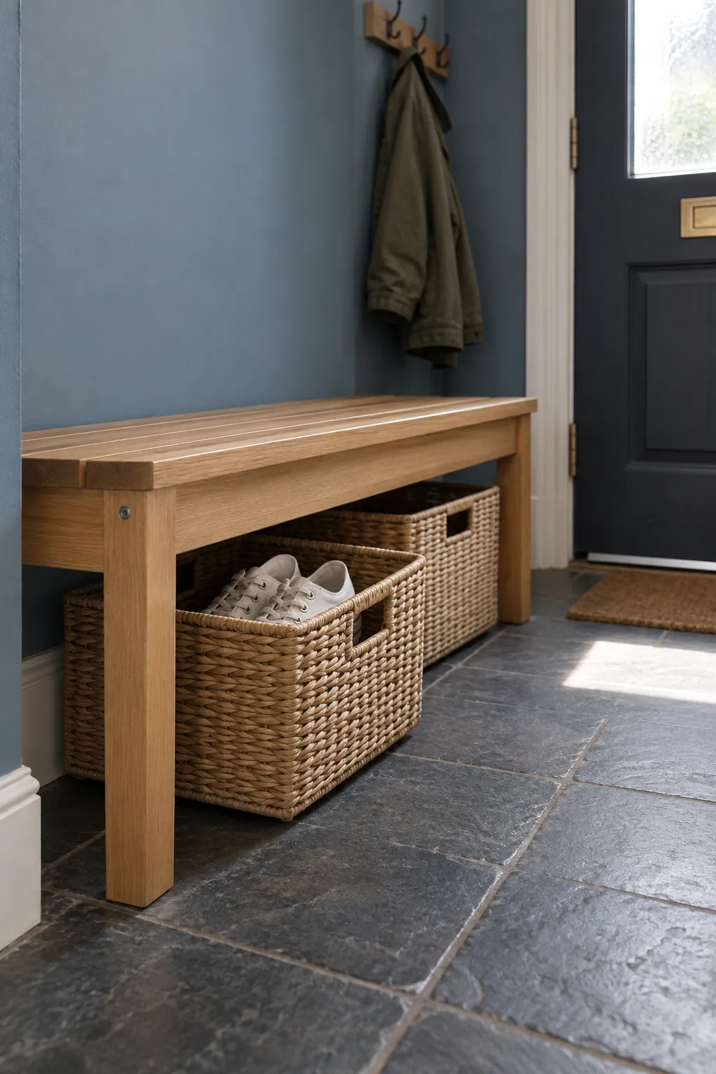 Freestanding entry bench with two removable storage baskets