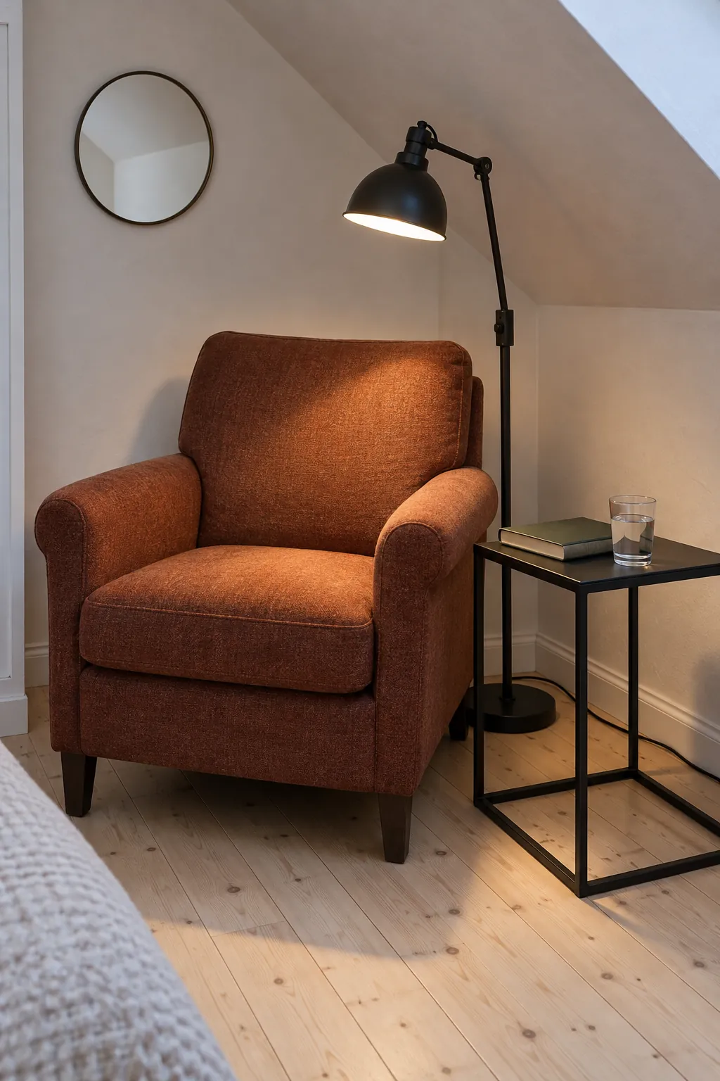Compact rust chair with adjustable reading light and a small drink table