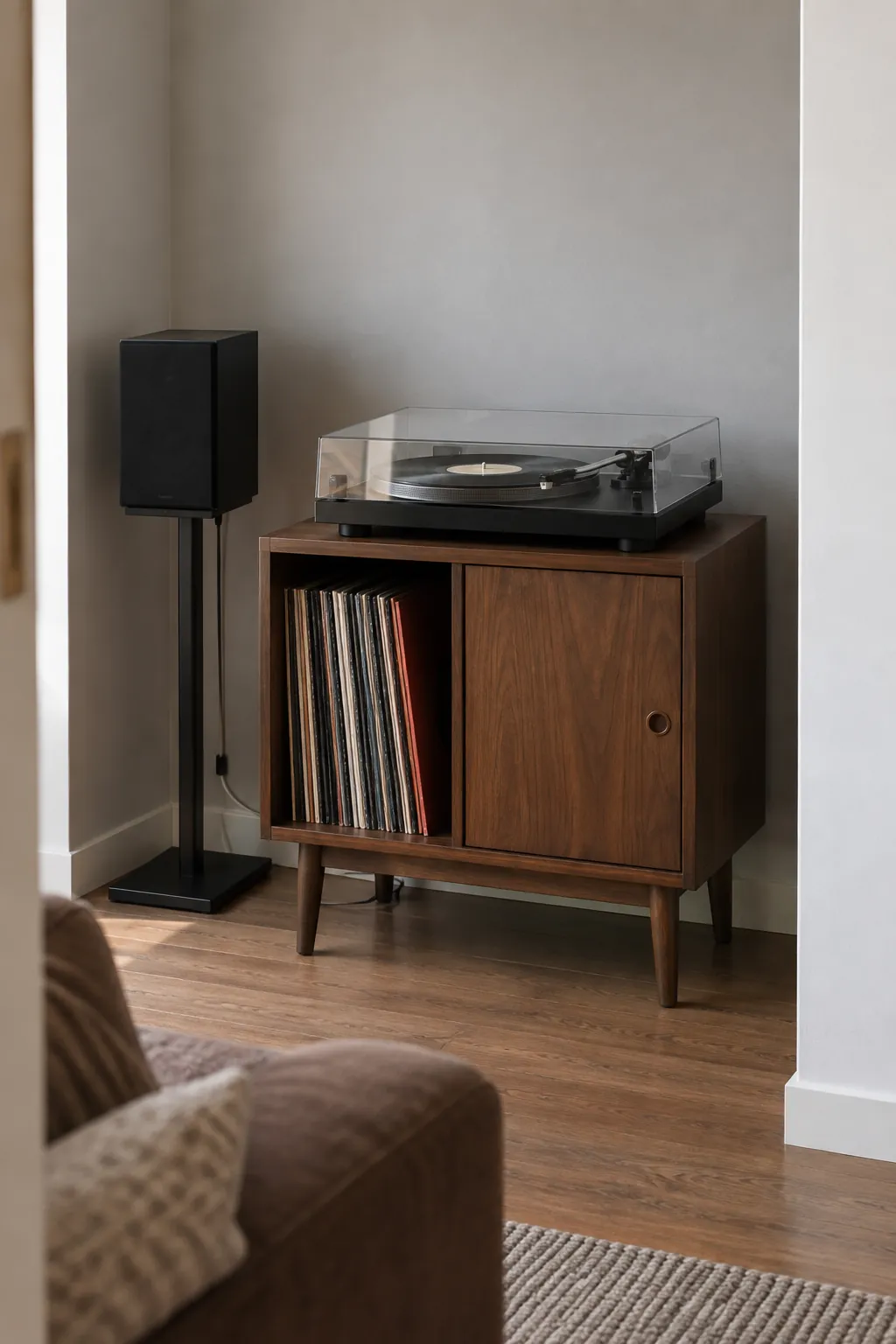 Walnut record cabinet as the main furnishing in a living room nook