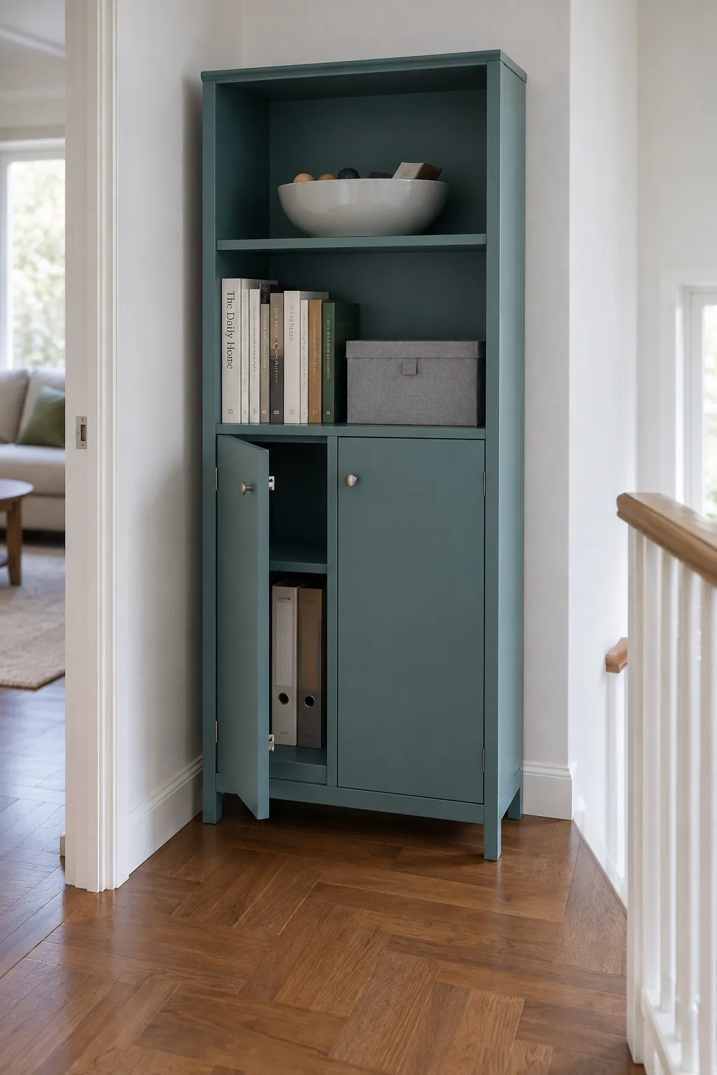 Narrow nook cabinet combining closed storage and open book shelves