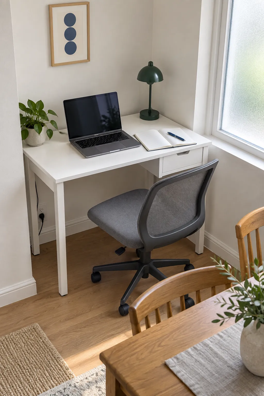 Small desk arranged with laptop and clear chair space