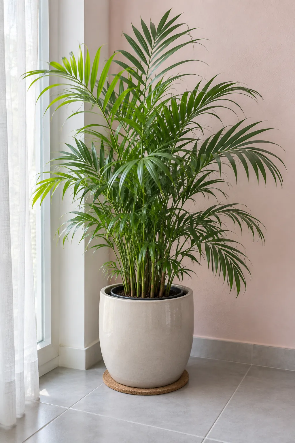 A leafy houseplant in a protected pot beside a bright window