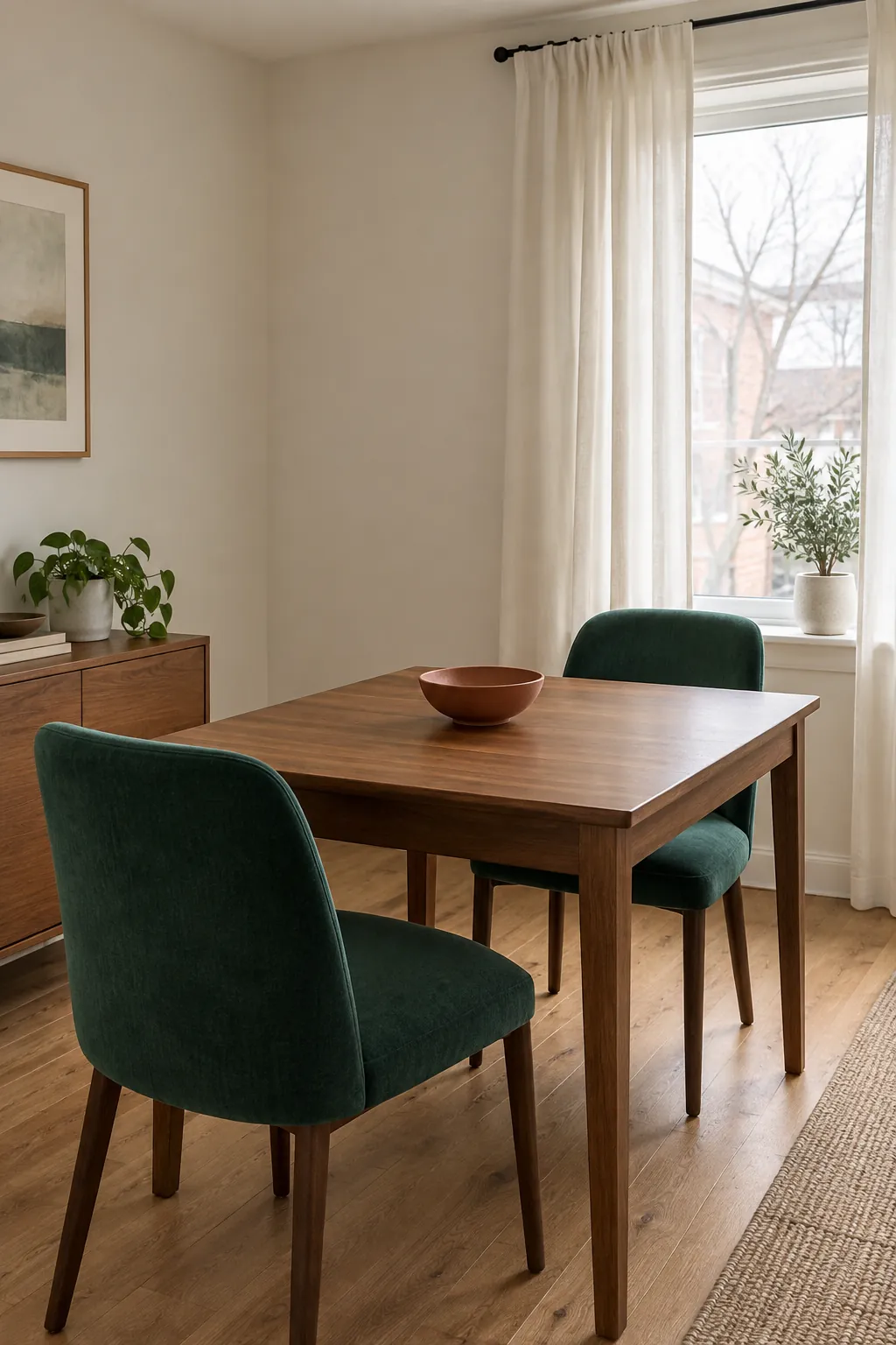 Emerald dining chairs with ivory curtains and a rust bowl on a wood table
