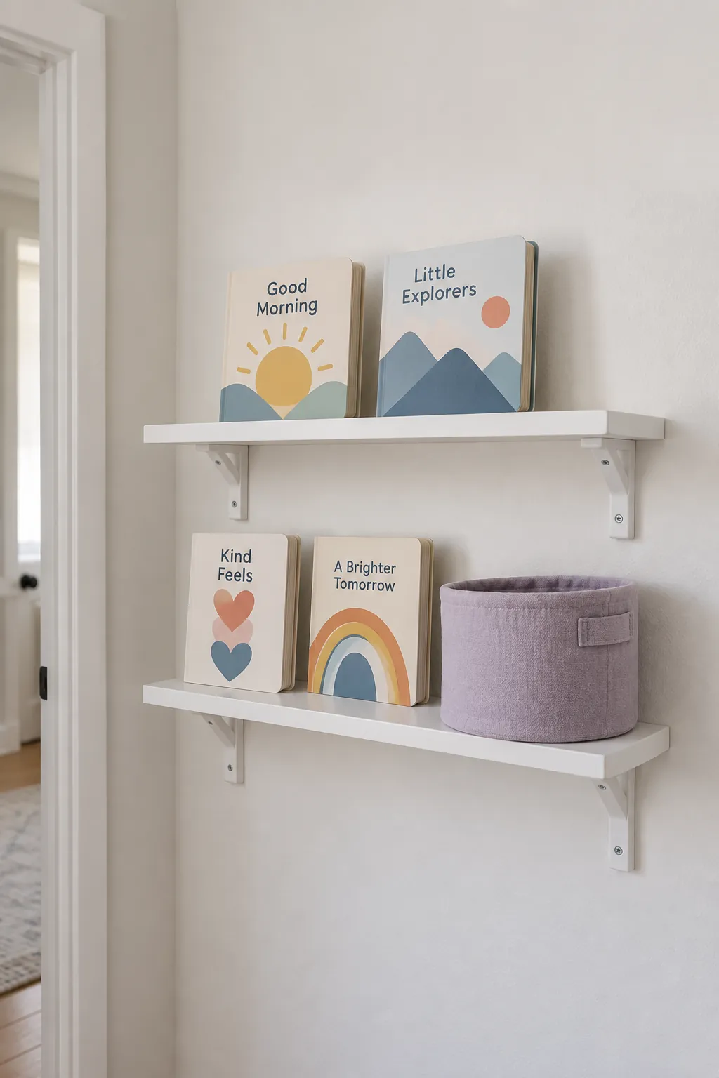 Nursery shelves with board books and a soft lavender storage basket