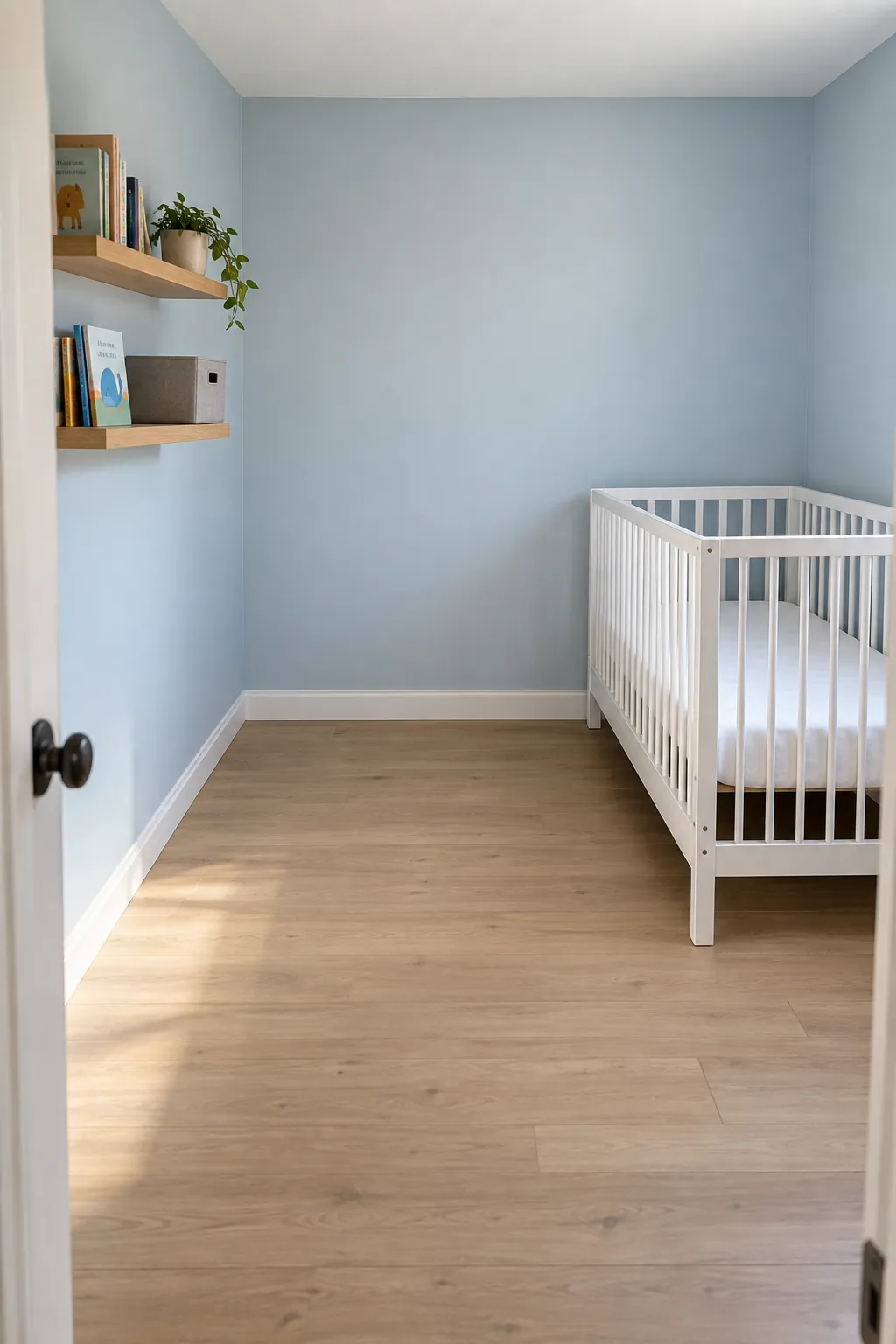 Nursery storage shelf on a separate wall away from the crib