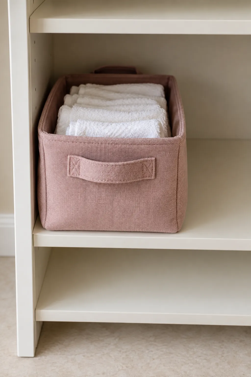 Fabric basket of folded washcloths with space to remove it from a shelf
