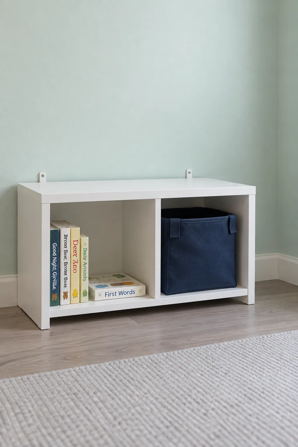 Uncrowded nursery shelf with accessible books and a storage basket