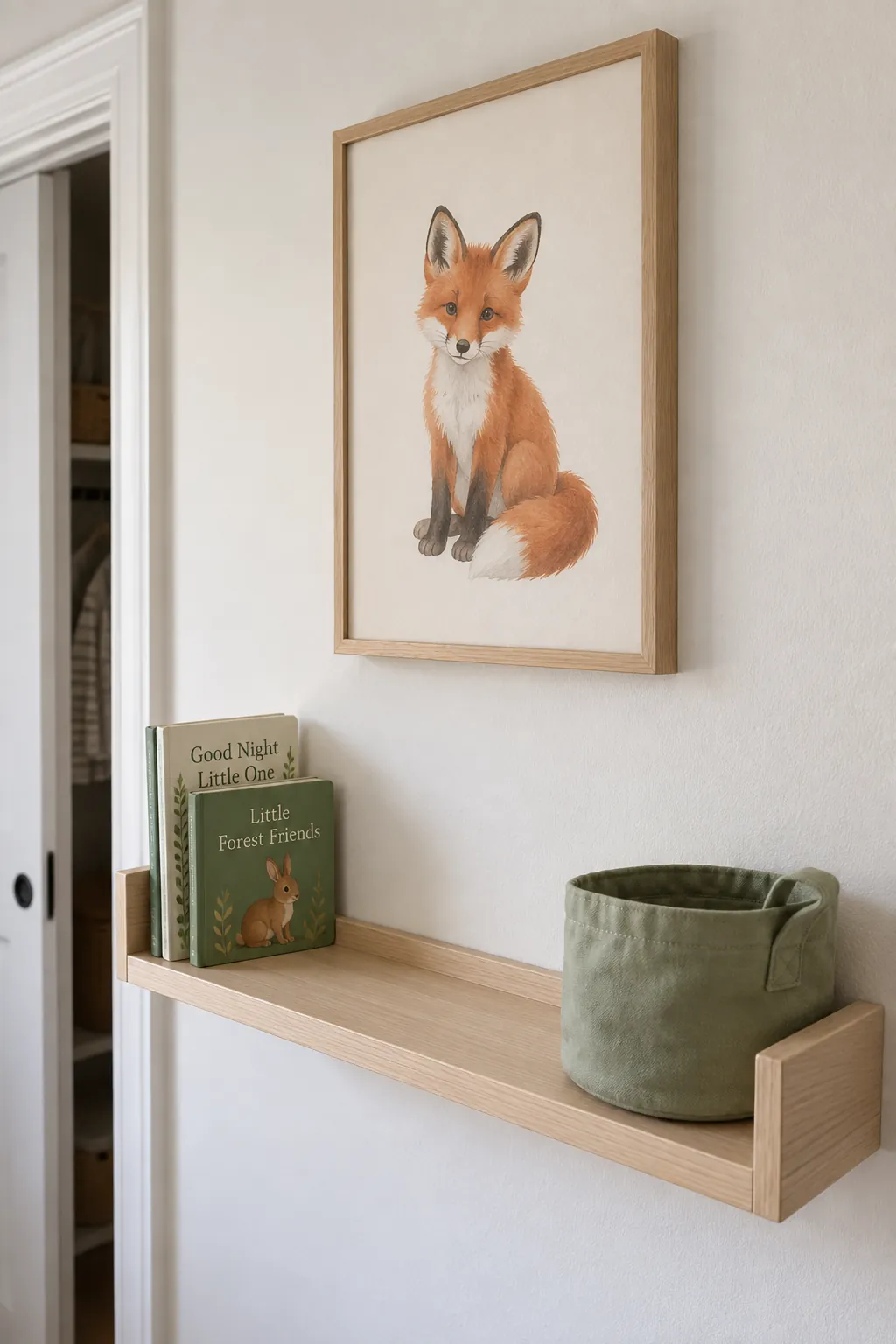 Restrained woodland nursery shelf with a fox illustration and green accents