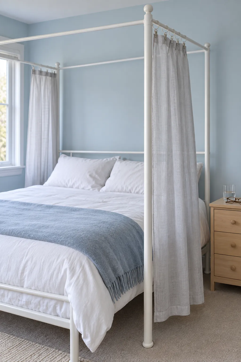 A sheer curtain at each head corner in a practical canopy bedroom