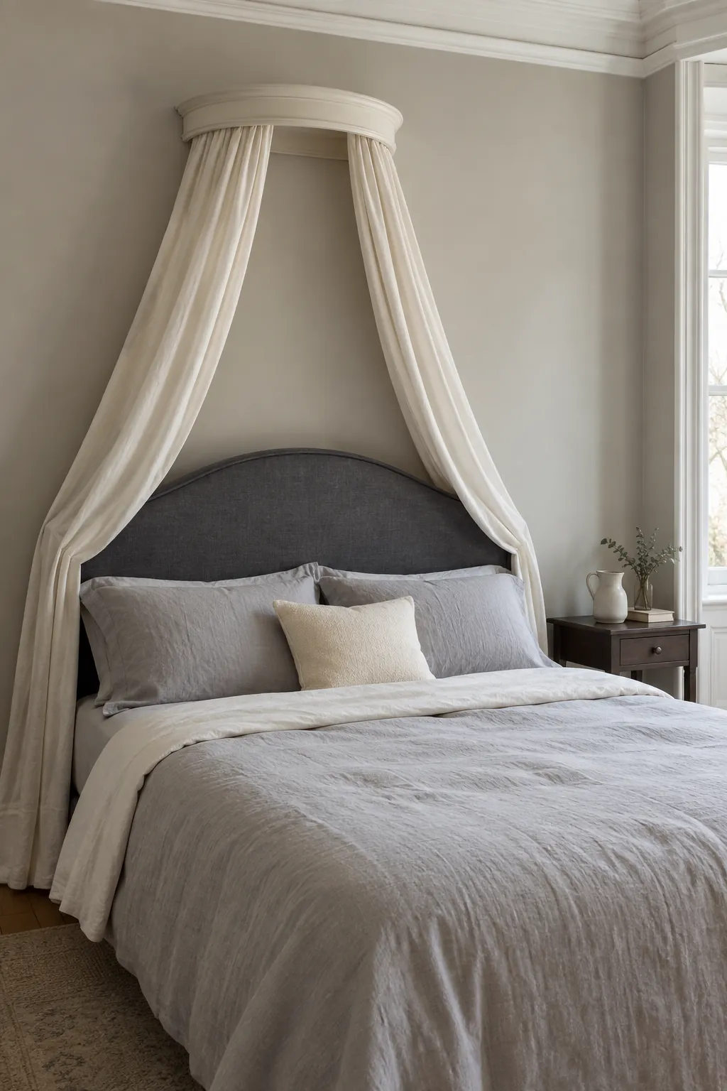 A crown canopy above an existing headboard in a practical canopy bedroom