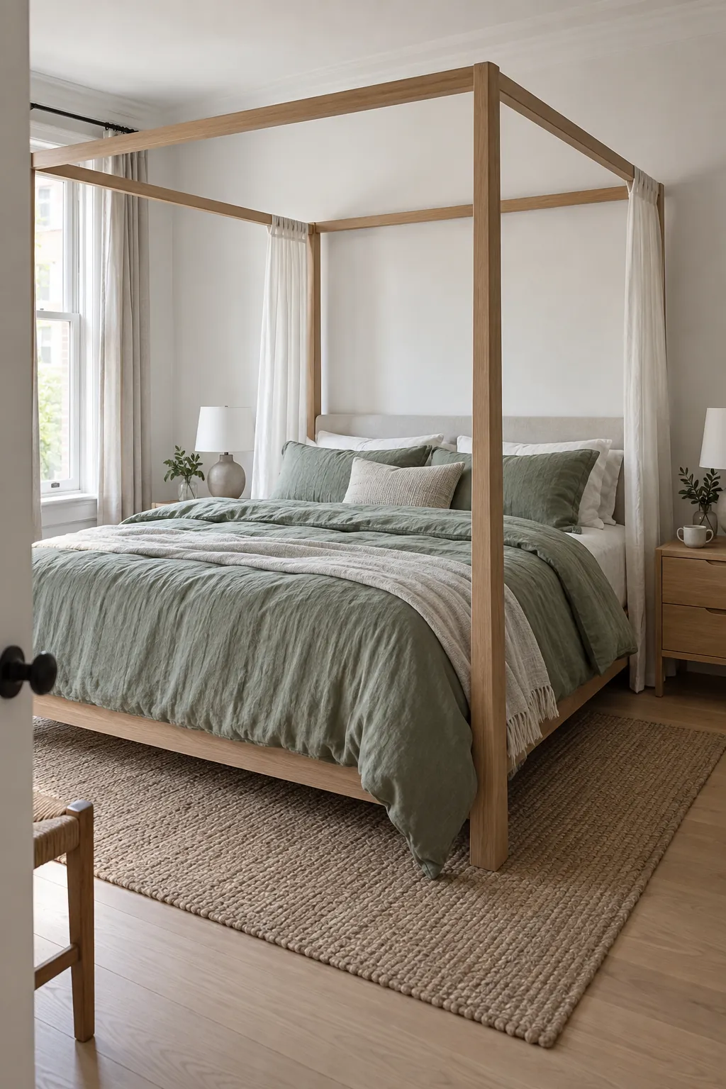 Airy oak canopy bed with linen panels and sage bedding