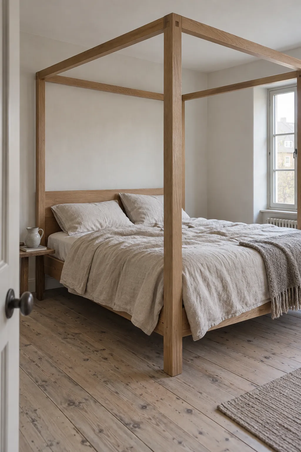 Bare oak rails with relaxed linen in a practical canopy bedroom