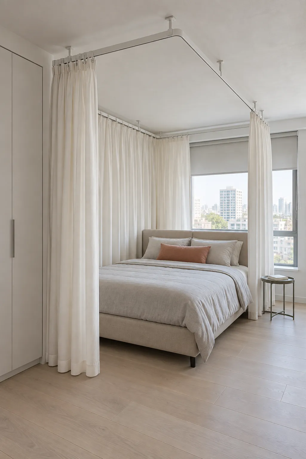 A ceiling track that follows the mattress in a practical canopy bedroom