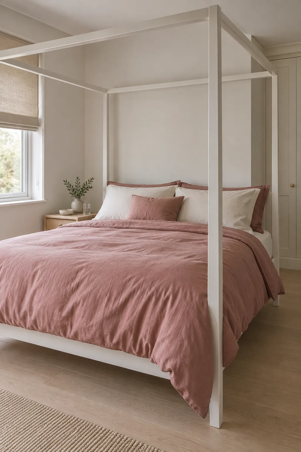 A pink bedroom with a simple white frame in a practical canopy bedroom