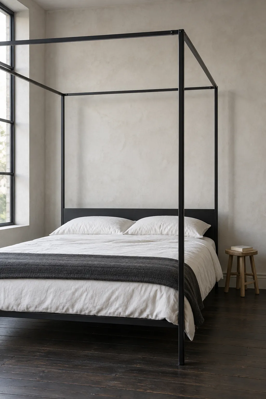 A black frame against pale plaster in a practical canopy bedroom