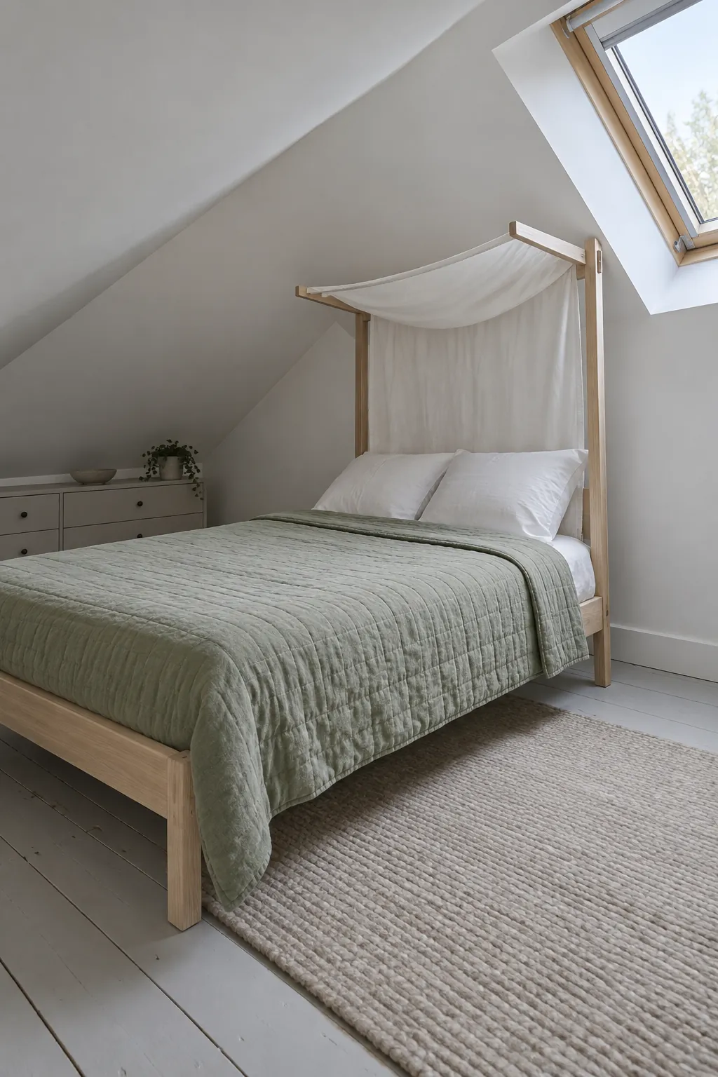 A half canopy beneath an attic slope in a practical canopy bedroom