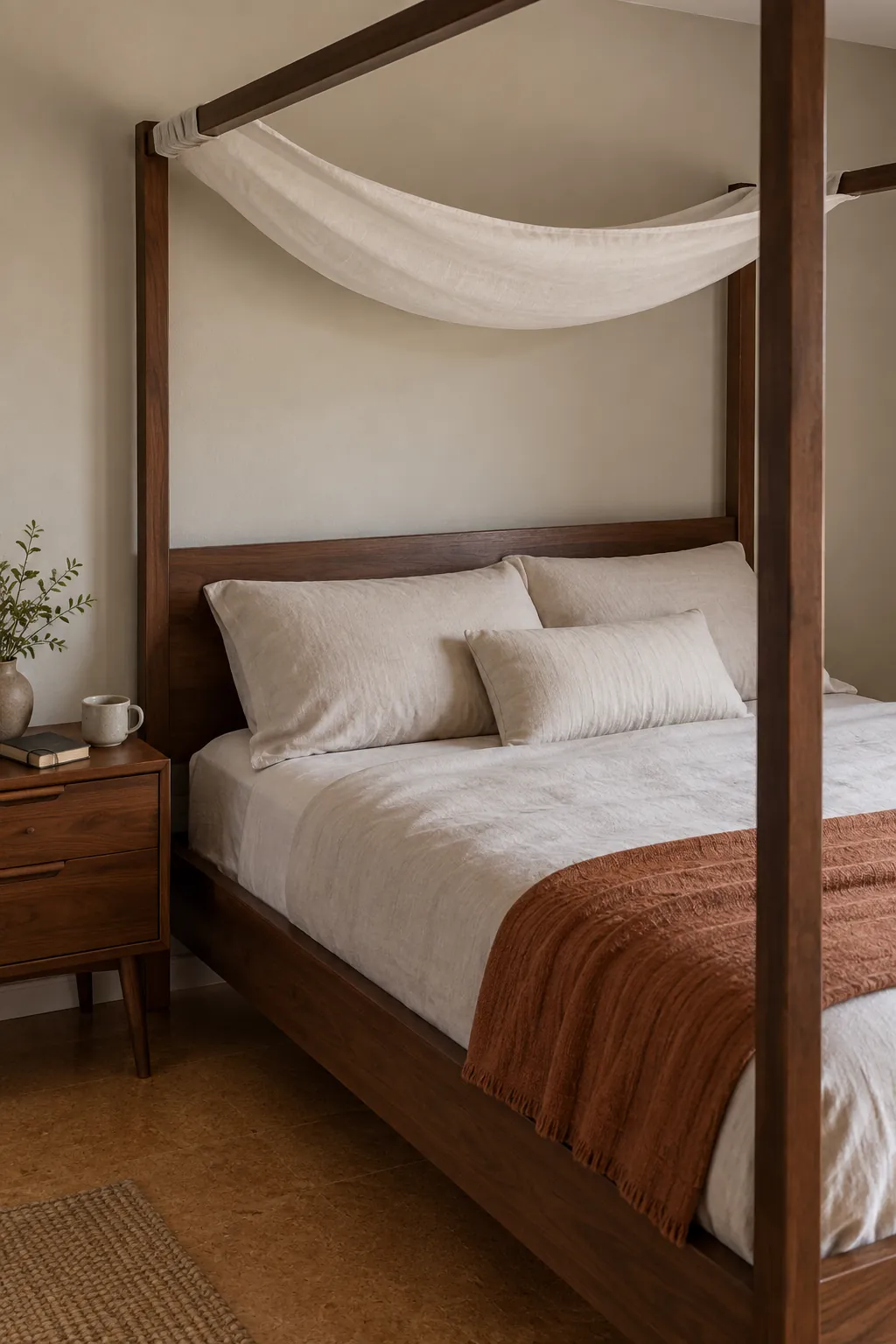 A single draped panel above the pillows in a practical canopy bedroom