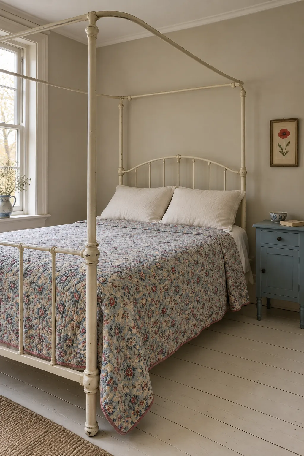 A rounded metal frame with vintage bedding in a practical canopy bedroom