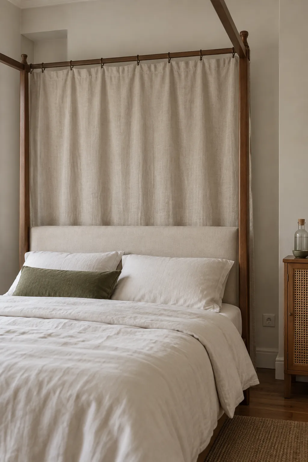 A linen backdrop for an uneven wall in a practical canopy bedroom