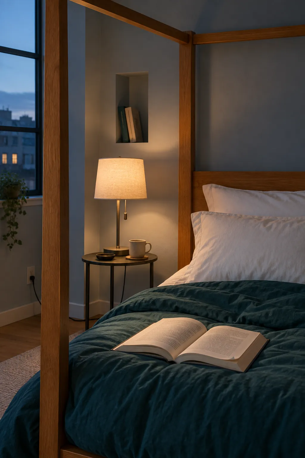 A bedside reading pocket inside the frame in a practical canopy bedroom