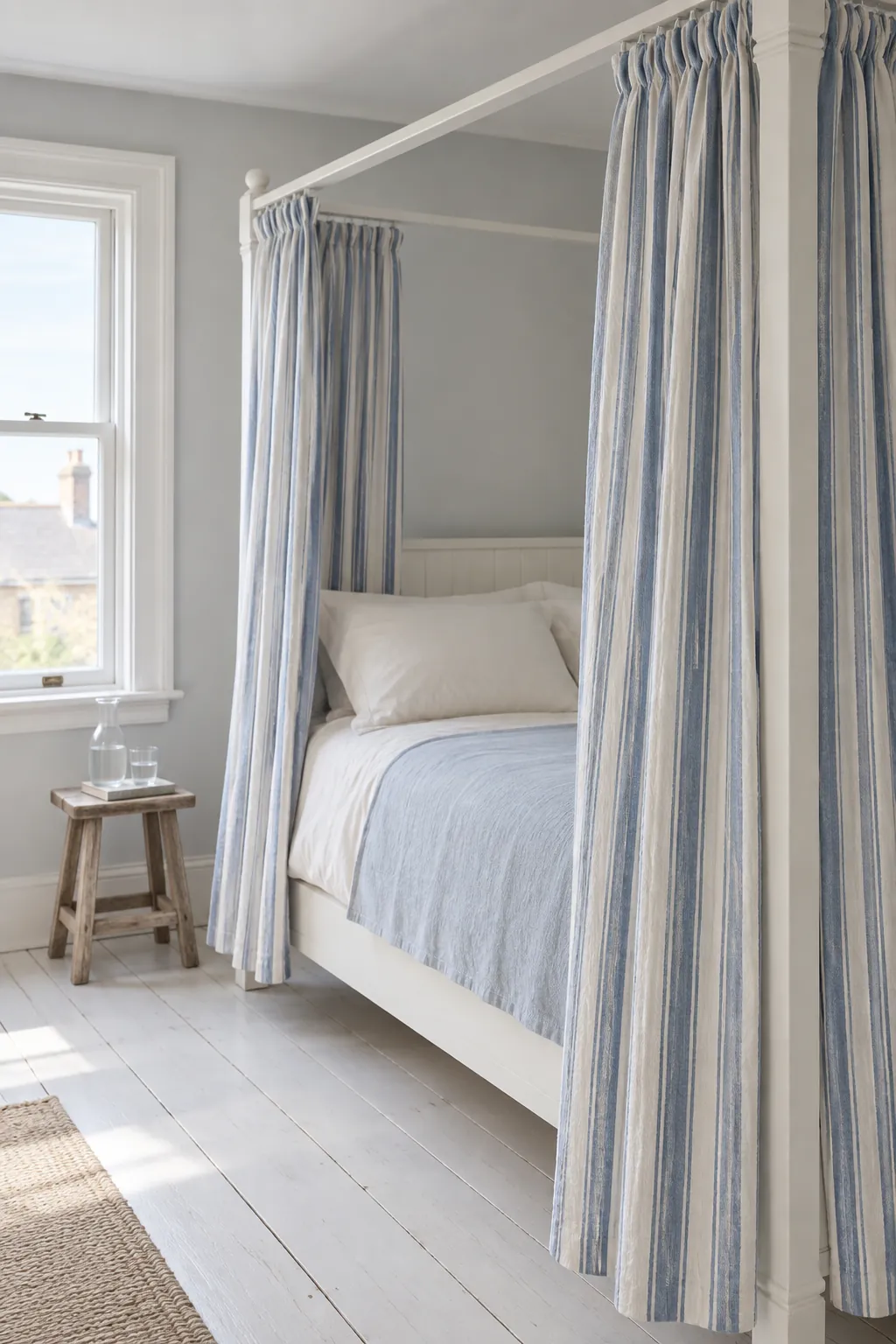 Soft blue stripes in a coastal room in a practical canopy bedroom