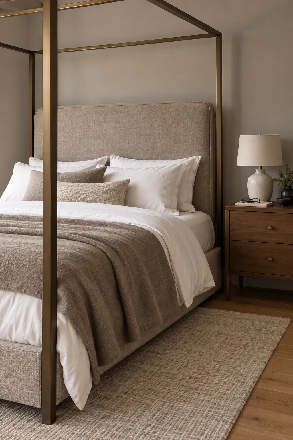 A tall upholstered headboard inside open rails in a practical canopy bedroom