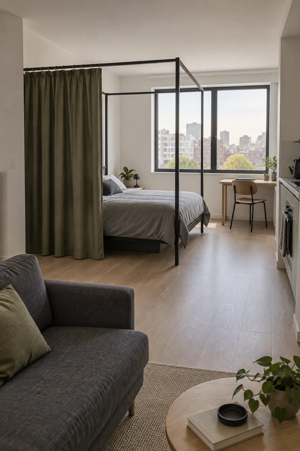 A room divider that still admits daylight in a practical canopy bedroom