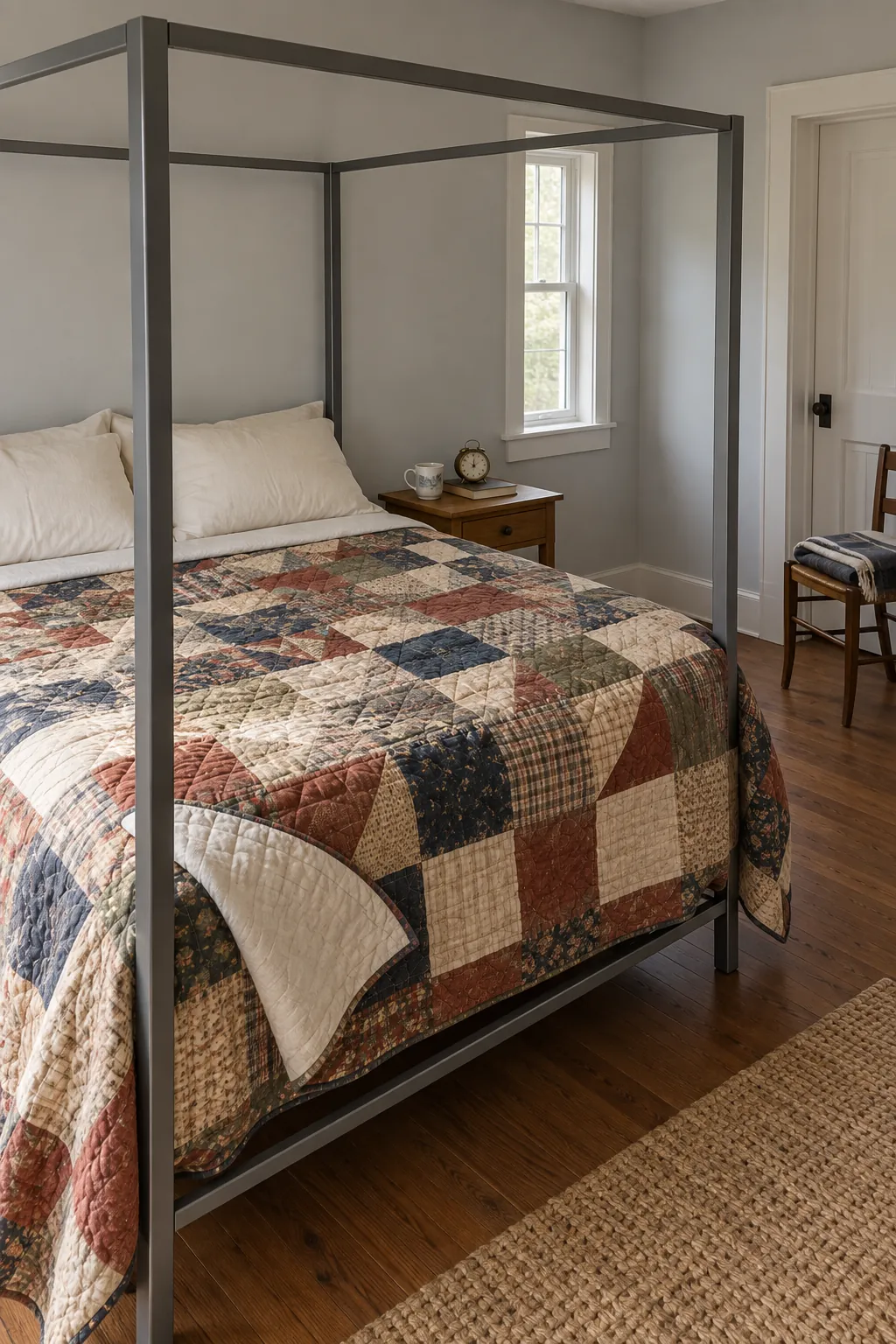 A warm quilt beneath a cool metal frame in a practical canopy bedroom
