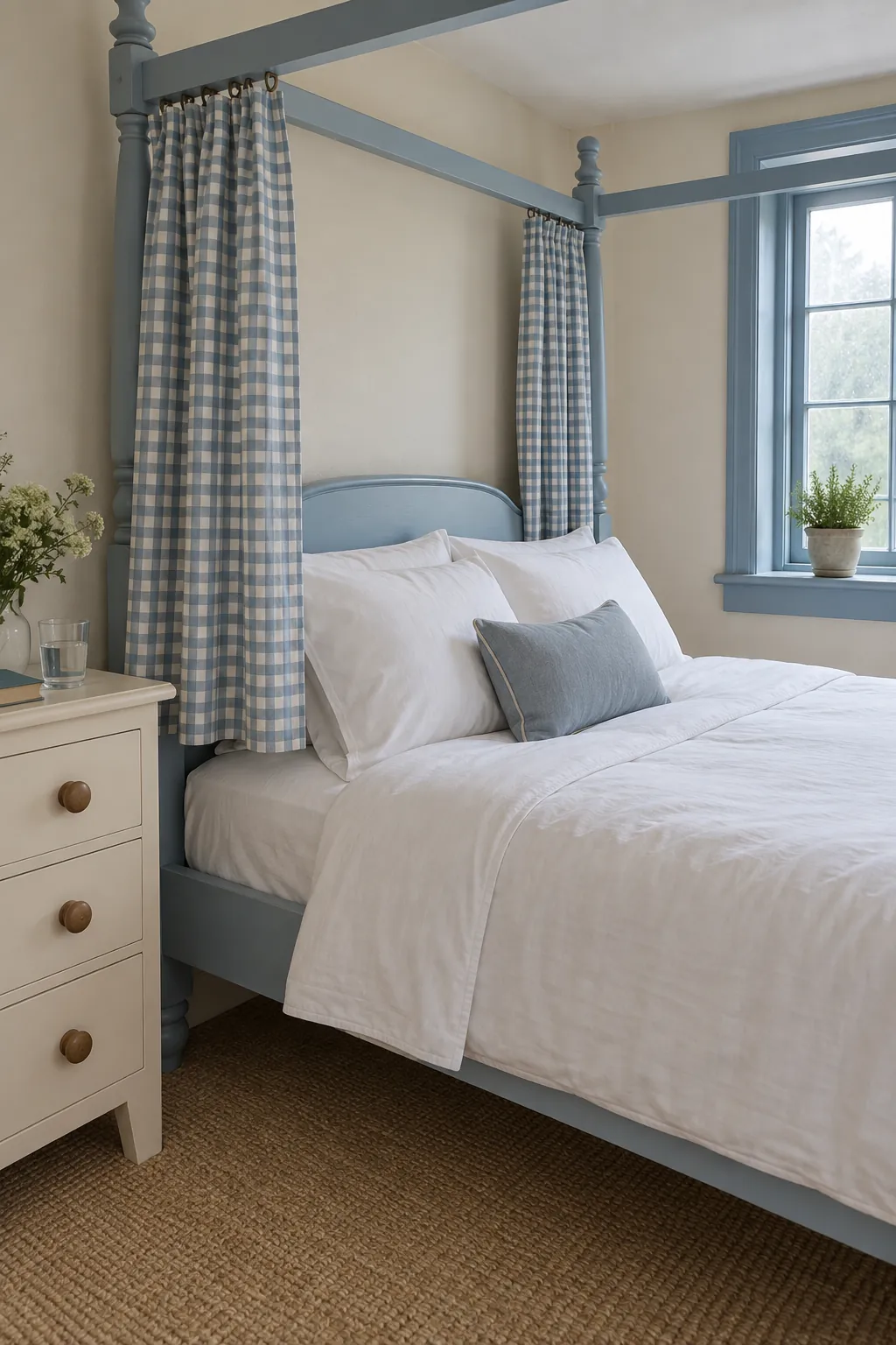 A small check curtain for a cottage bedroom in a practical canopy bedroom