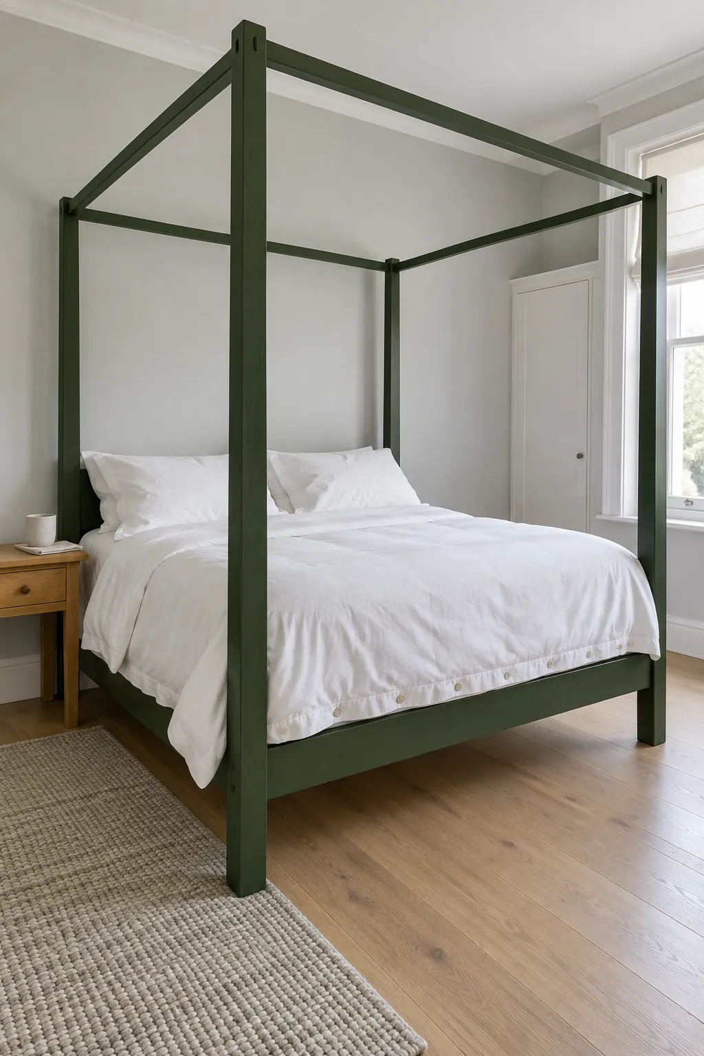 A deep green canopy with crisp white bedding in a practical canopy bedroom