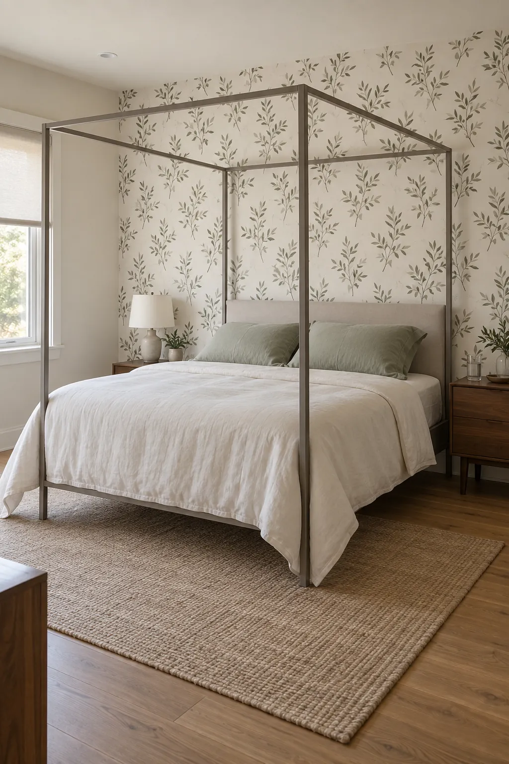 A subtle botanical wall behind an open canopy in a practical canopy bedroom