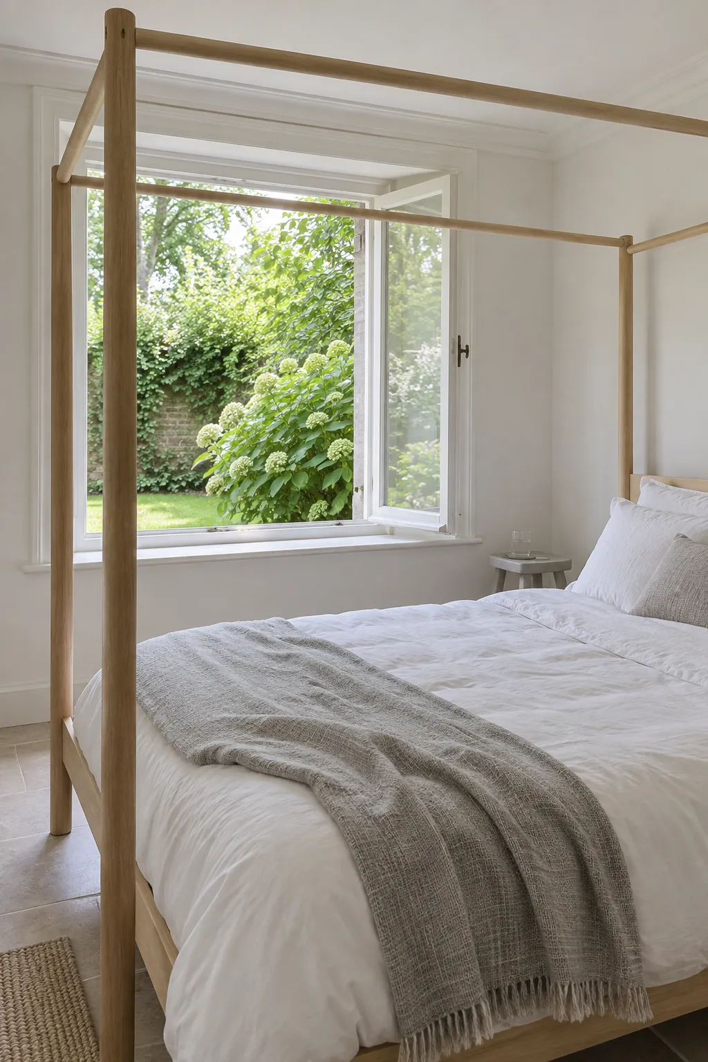 An airy canopy beside a garden window in a practical canopy bedroom