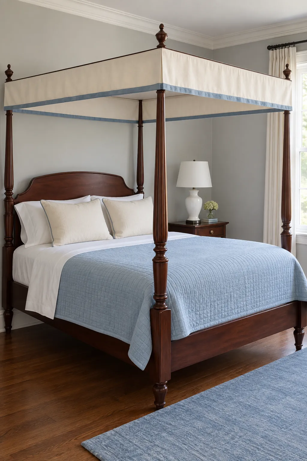 A tailored valance for a traditional room in a practical canopy bedroom