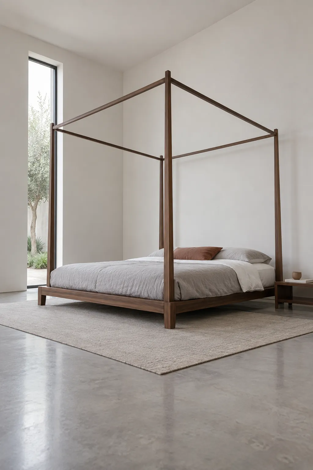 A low bed with generous space above in a practical canopy bedroom