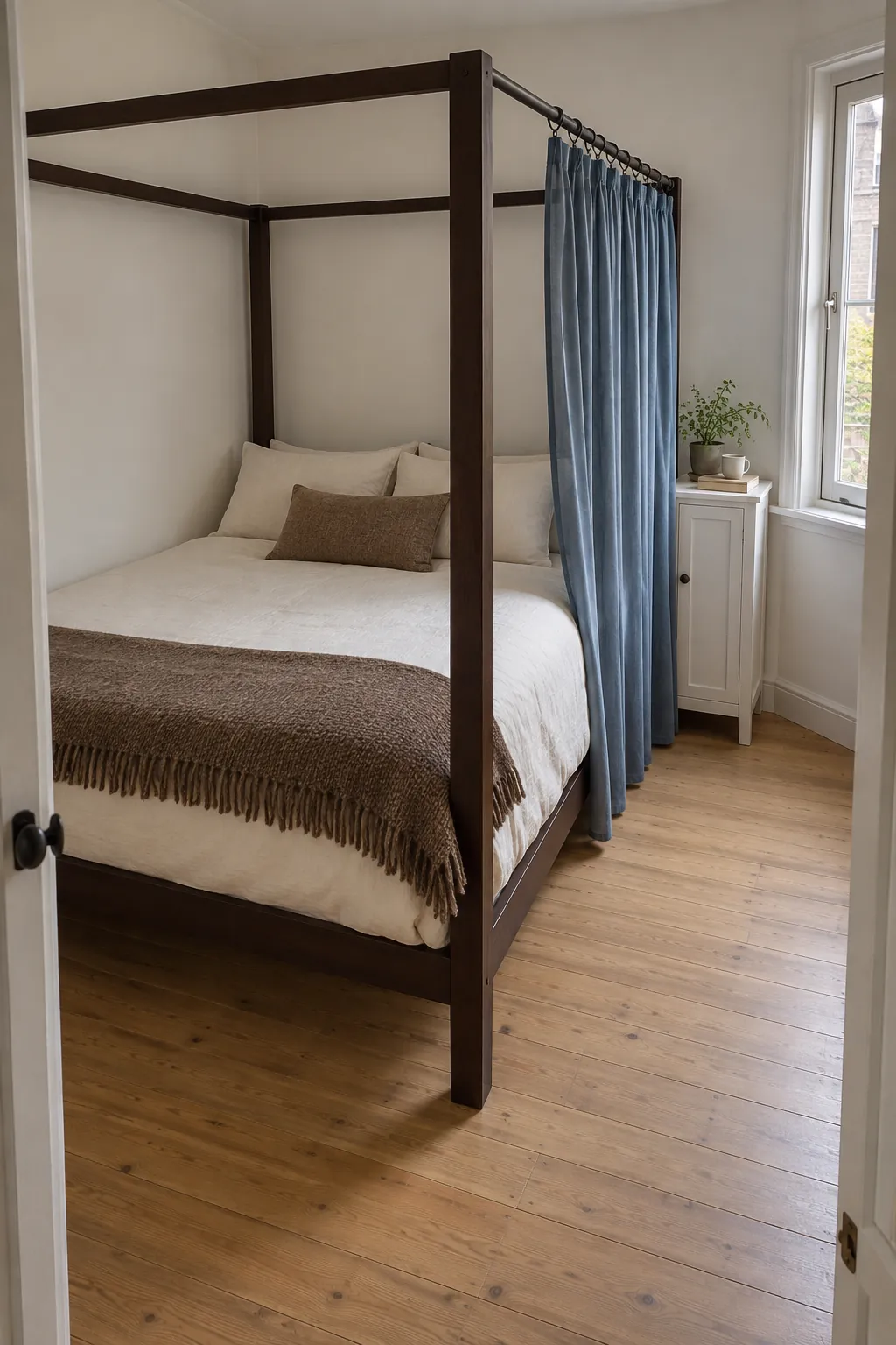 An asymmetrical curtain for a corner layout in a practical canopy bedroom