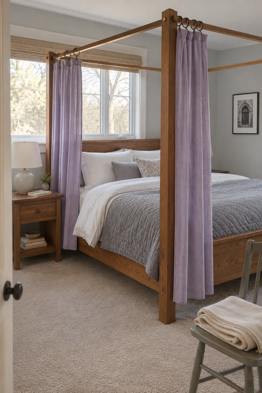 A fabric change that refreshes the existing frame in a practical canopy bedroom