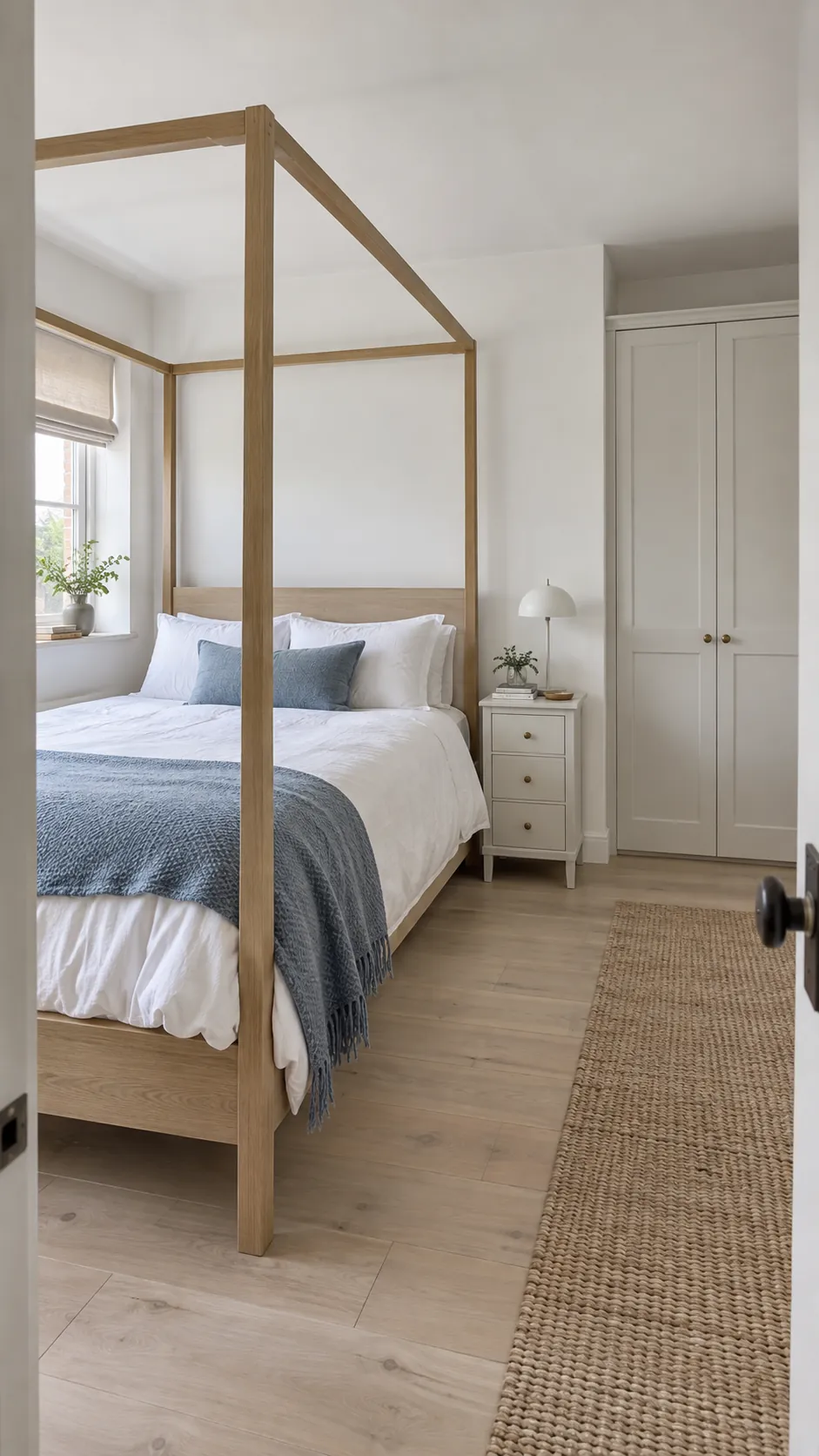 Airy canopy bed with a clear aisle in a small bedroom