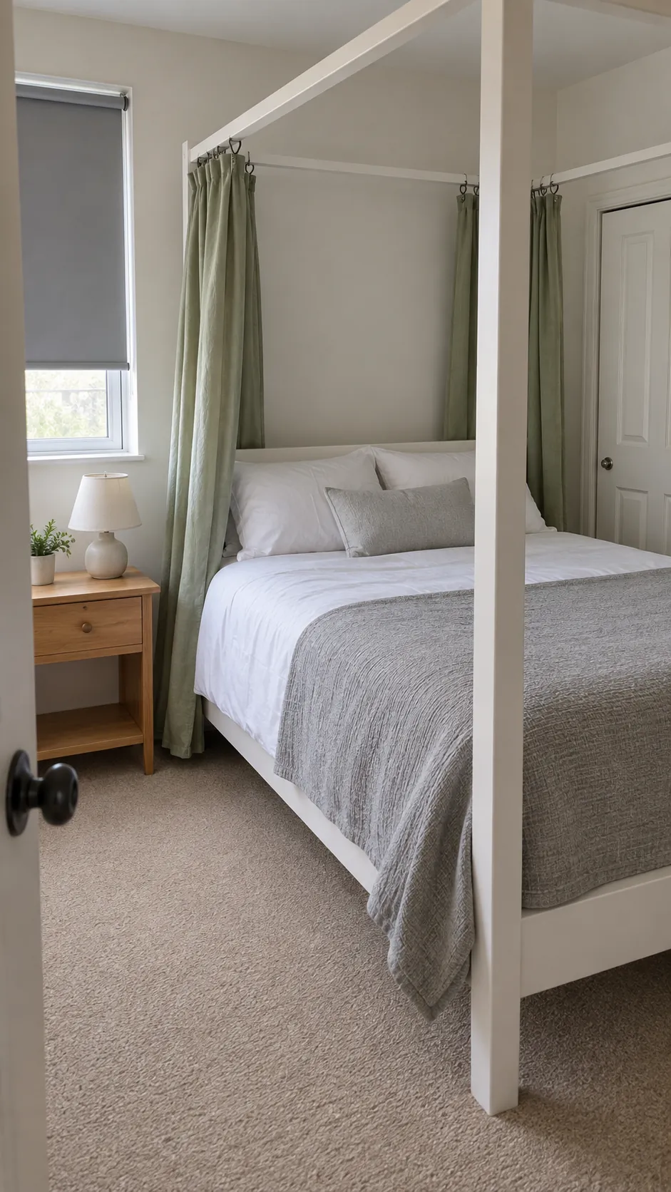 Light head corner curtains leaving the bed entry open