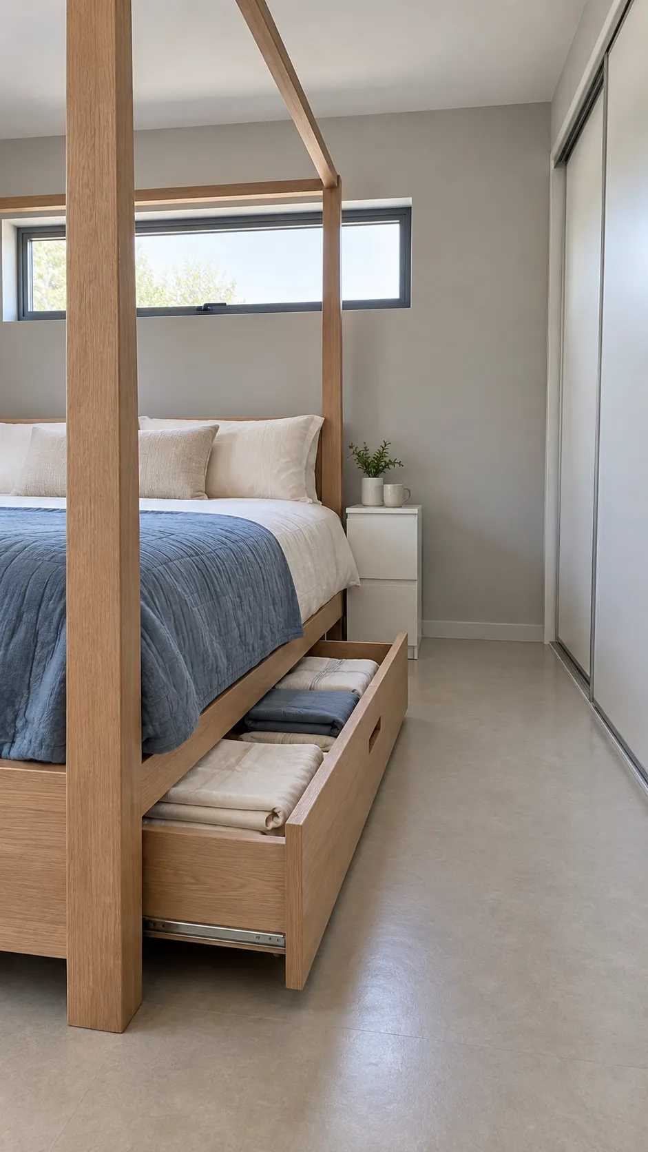 Accessible storage drawer beneath an oak canopy bed