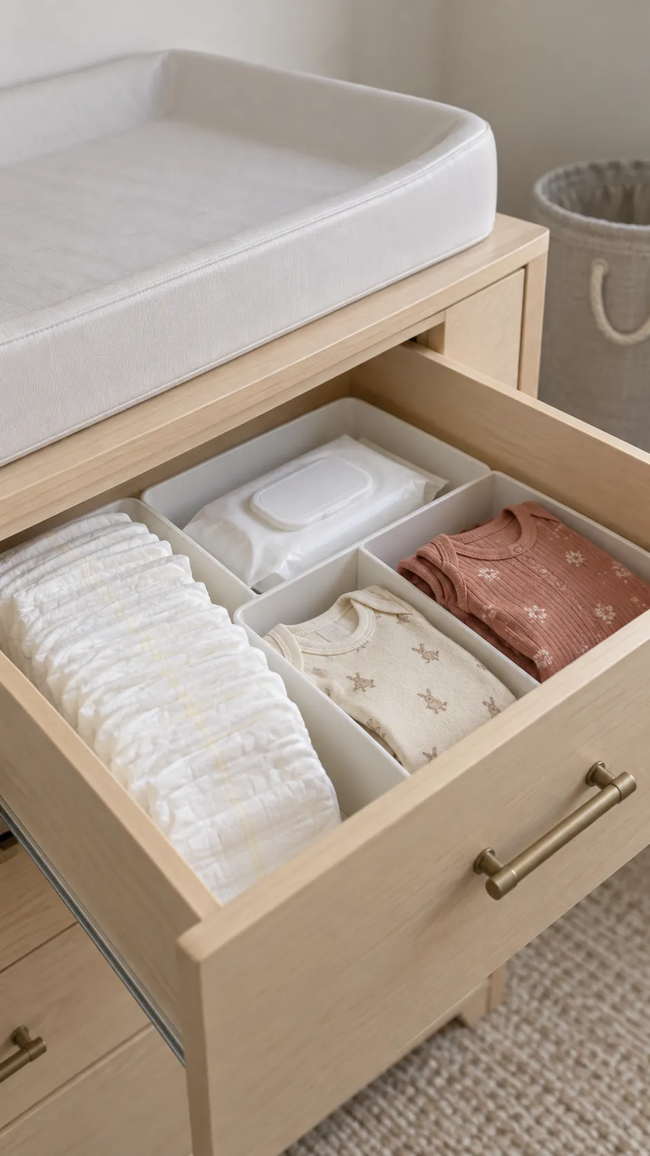 Reachable changing supplies in an organized dresser drawer