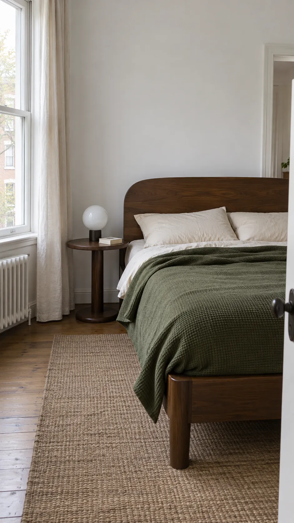 Walnut bed with cream bedding, a green coverlet, and a rounded bedside lamp