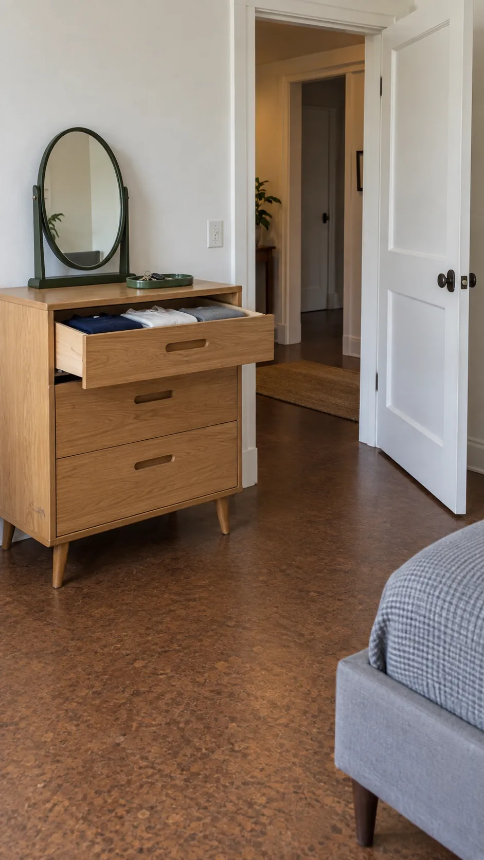 Compact vintage dresser with working drawers and space beside the bedroom doorway