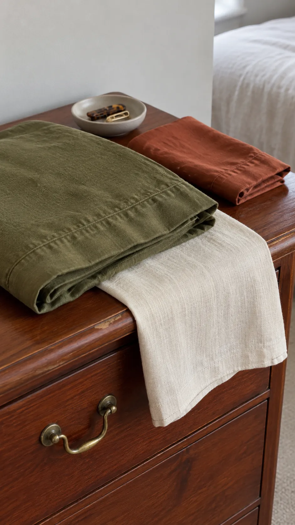 Olive, cream, and muted rust textiles beside a reddish wood dresser