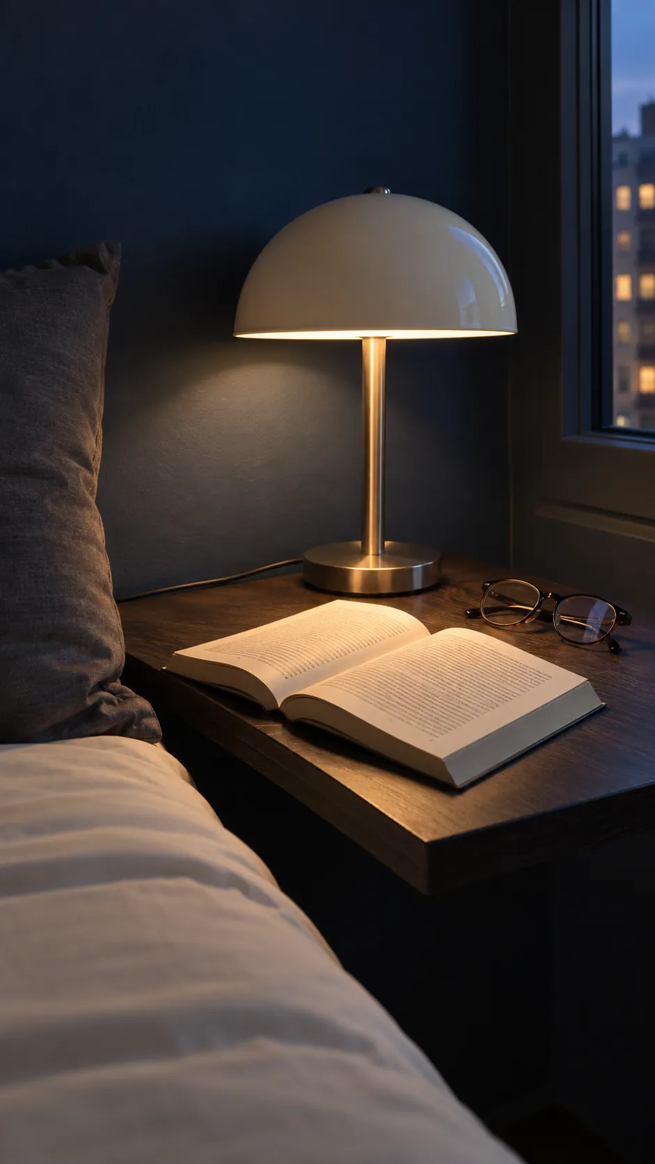 Cream dome reading lamp directing light onto a book beside the bed